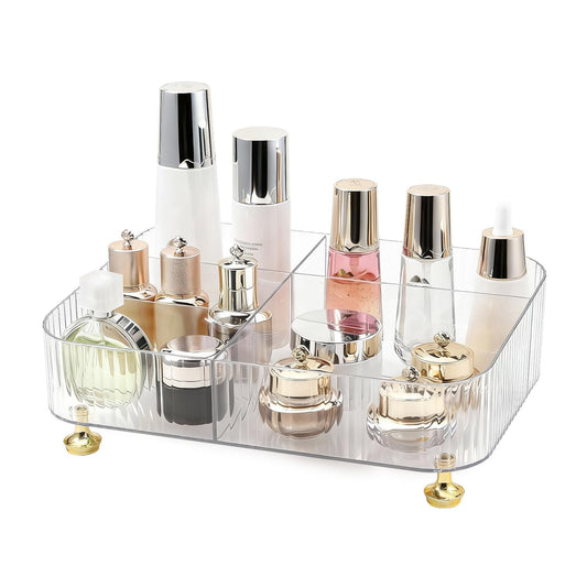 DASITON Makeup Organizer Countertop for Vanity, 5 Slots Makeup Brush Holder Organizer, Vintage Makeup Perfume Tray Cosmetic and Skincare Organizers for Bedroom Bathroom Counter, Desk Storage (Clear)