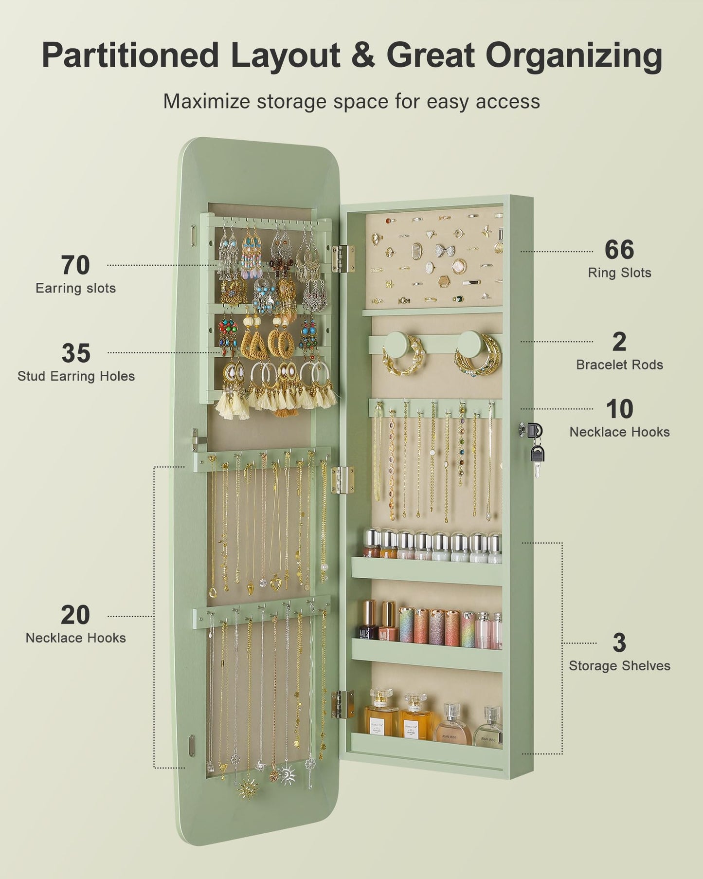 Nicetree Mirror Jewelry Cabinet, Rounded Jewelry Armoire Organizer, Wall or Door Mounted Jewelry Organizer with Storage, Lockable Wide Mirror with Jewelry Storage, Green