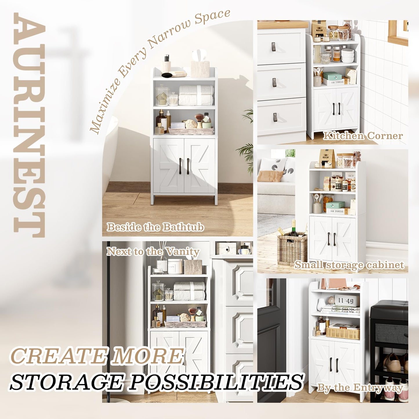 AURINEST Small Bathroom Storage Cabinet, Farmhouse Freestanding Toilet Paper Storage with 2 Doors and Shelves, Slim Bathroom Storage Cabinet for Small Spaces, White, 7.9" D x 14.2" W x 29.5" H