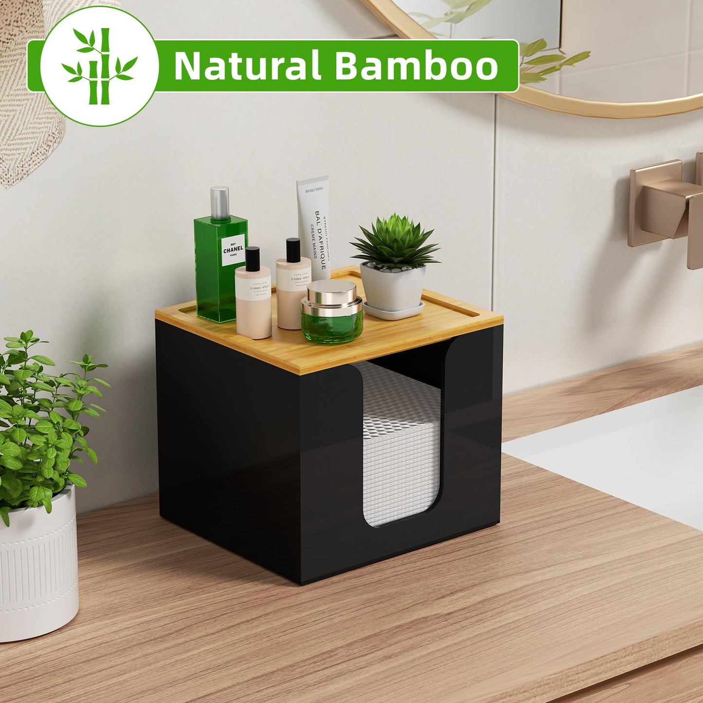VITVITI Disposable Face Towel Holder Box, Acrylic Facial Towel Container for XL Clean Skin Club, Large Disposable Face Towels Storage with Bamboo Lid, for Bathroom, Vanity Makeup, Black