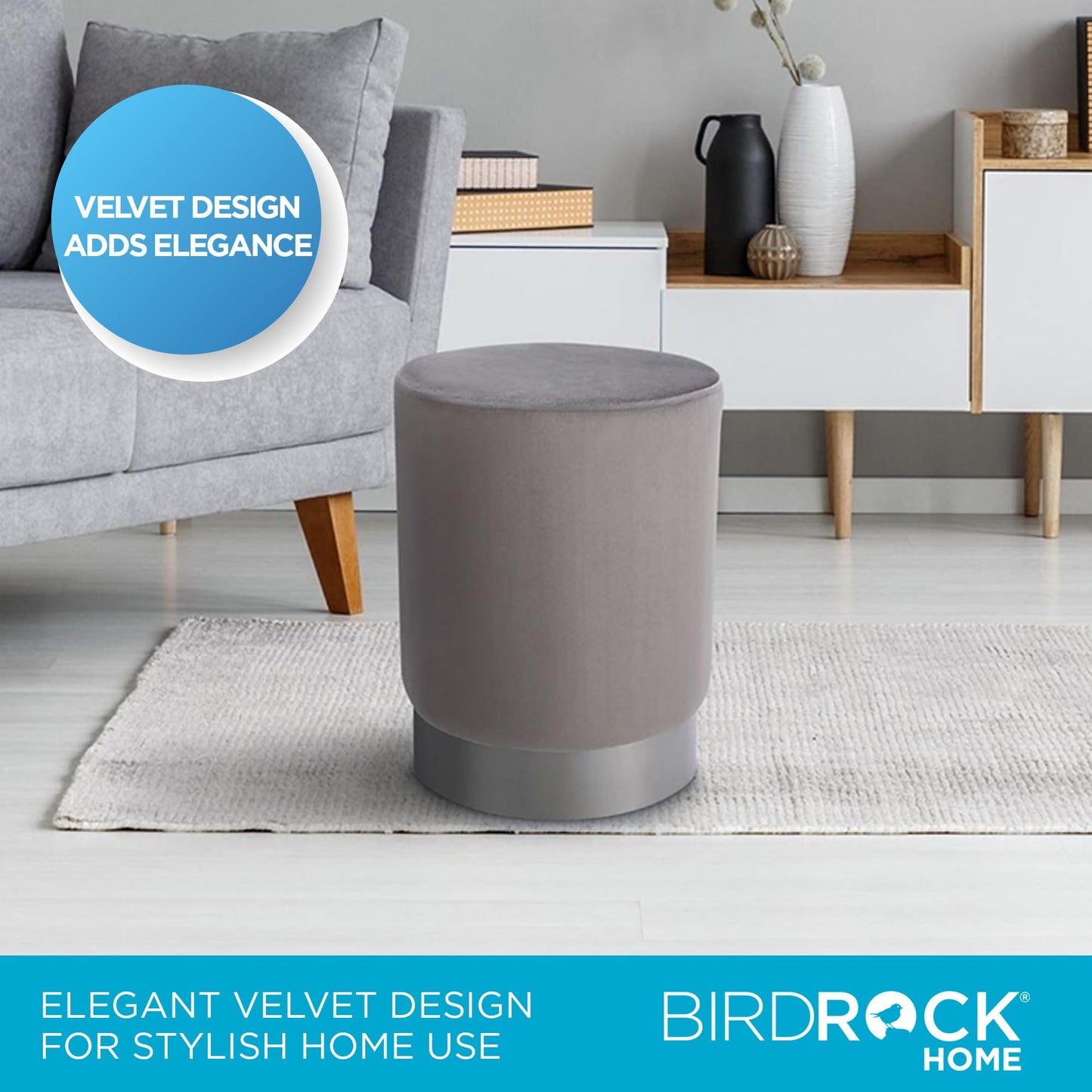 BIRDROCK HOME Round Ottoman Foot Stool – Modern Soft Padded Velvet Vanity Chair with Silver Metal Trim – Accent Chair or Foot Rest for Living Room, Bedroom, or Dressing Room (Gray)