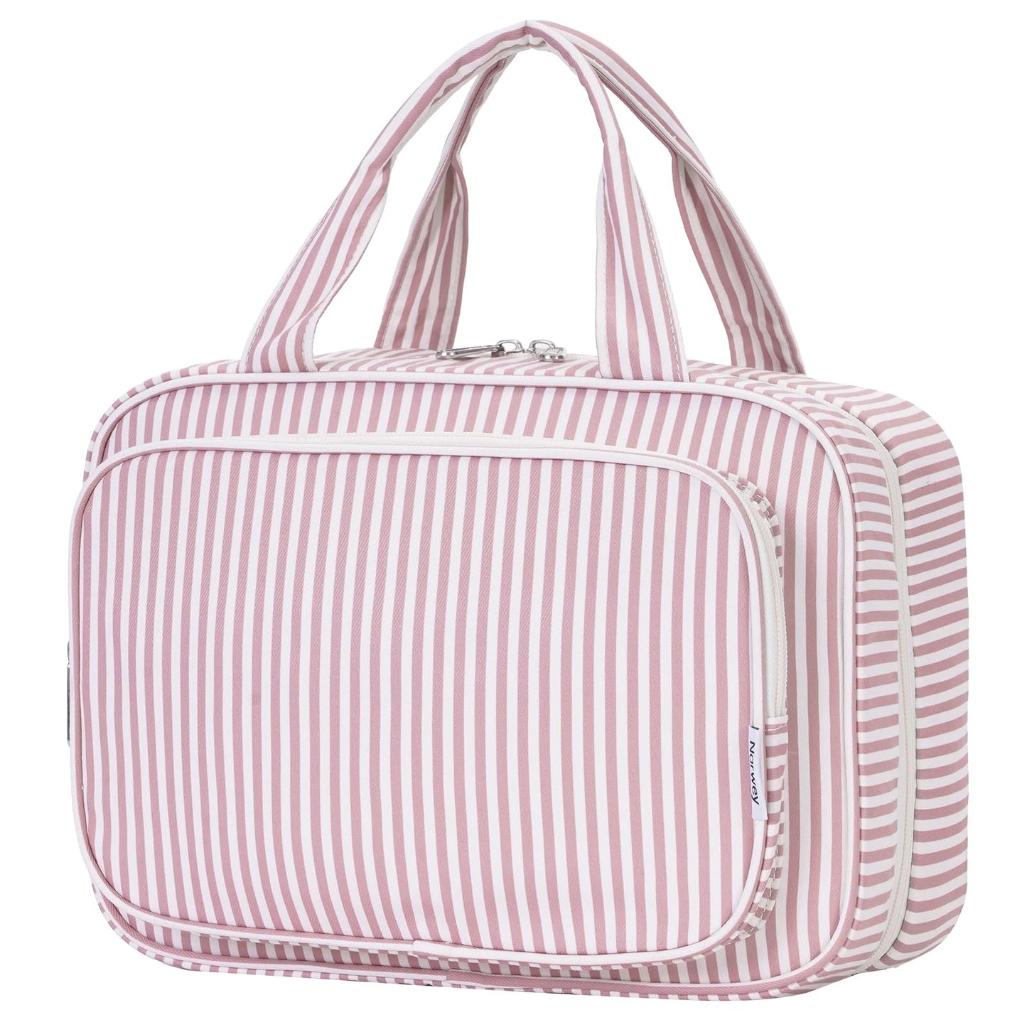 Narwey Striped Travel Toiletry Bag for Women Large Hanging Makeup Bag Organizer Toiletries Bag for Full Size Essentials Accessories Cosmetics (Dusty Pink Stripe (Large))