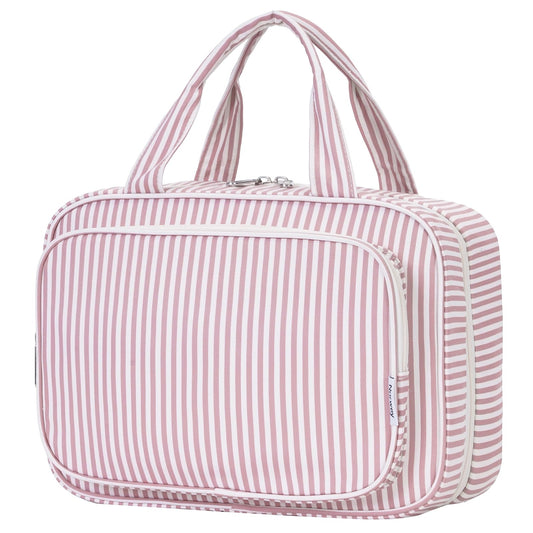 Narwey Striped Travel Toiletry Bag for Women Large Hanging Makeup Bag Organizer Toiletries Bag for Full Size Essentials Accessories Cosmetics (Dusty Pink Stripe (Large))