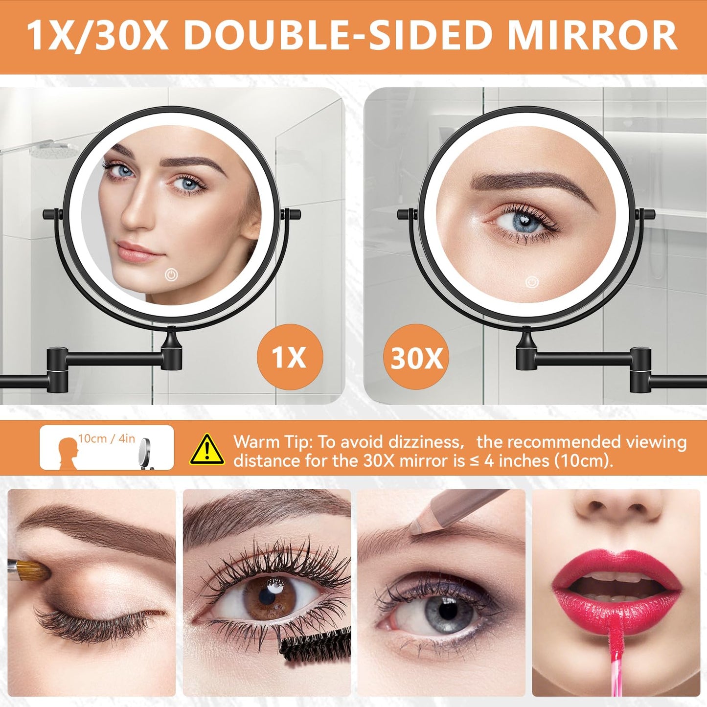 Auxmir 1X/30X Wall Mounted Lighted Makeup Mirror, 8" Rechargeable Double-Sided Magnifying Mirror with Light, Touch Dimmable 3 Color Light, 360° Rotation Foldable Extended Arm, Black