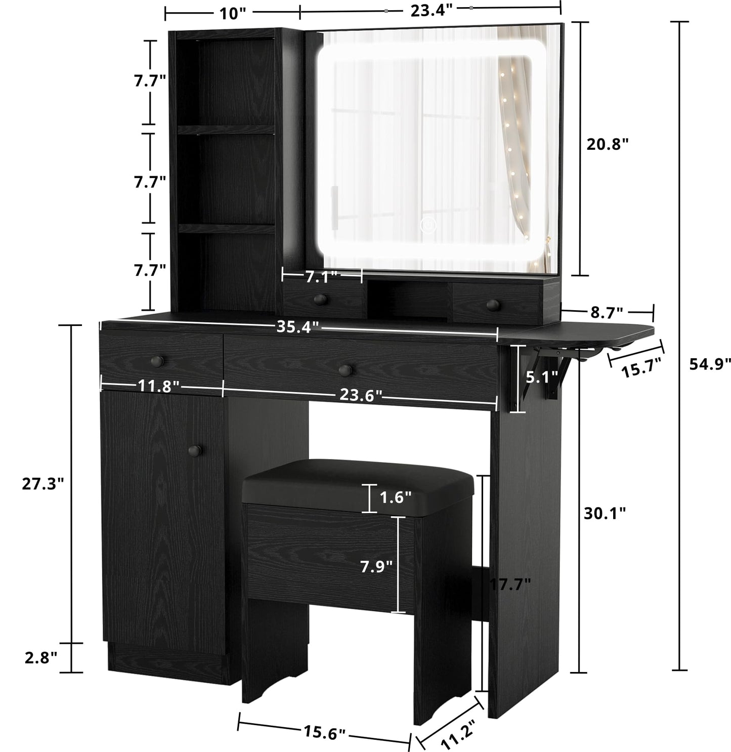 LIKIMIO Vanity Desk with Drawers & LED Lighted Mirror & Power Outlet & Cabinet, Storage Stool, Stylish Bedroom Makeup Table Set, Modern Black