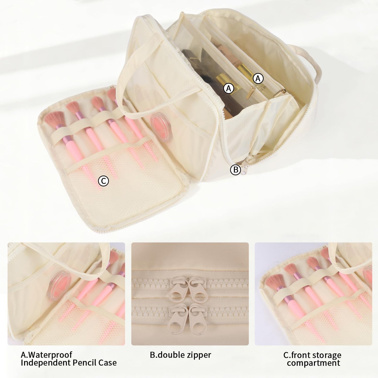 Lovqiao Large Beige Makeup Bag, Waterproof Travel Organizer for Women & Girls
