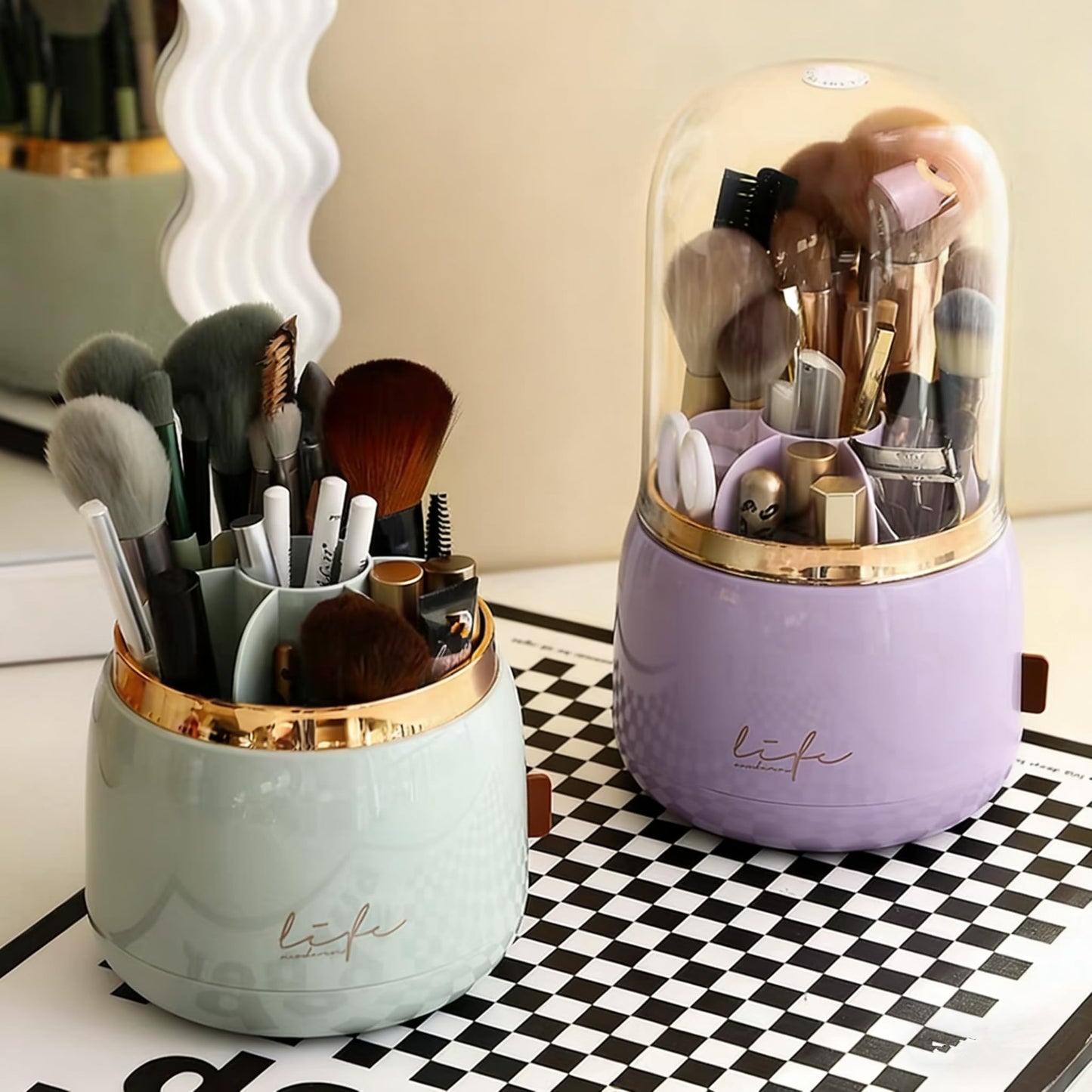 YZEASYPINK 360 Rotating Makeup Brush Holder with Lid Clear Dustproof Make Up Organizers for Vanity Countertop Includes a Foldable Bowl for Cleaning Makeup Brush,Transparent, Dustproof-Purple