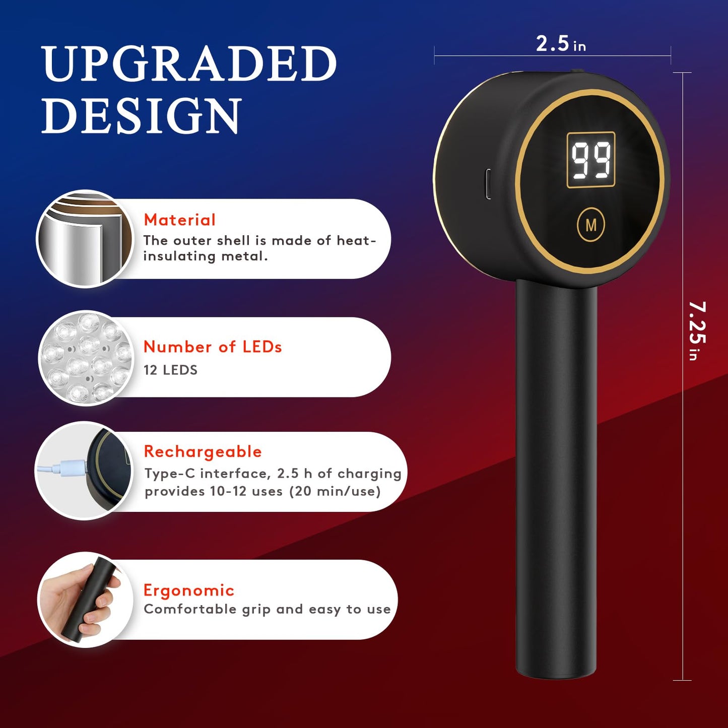 UTK Handheld Blue & Red Light Therapy Device with 4 Wavelengths (470/660/850/940nm), Near Infrared Red Light Deeply Pain-Relief, Red Light Therapy for Body & Face, Portable Gift for Women