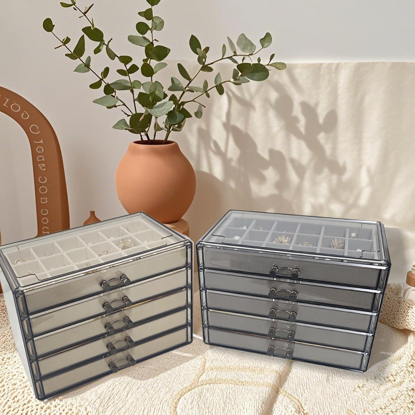 HOUKANWE Acrylic Earring Holder Organizer with 5 Drawers Clear Earring Organizer Box with 90 Adjustable Grids Velvet Earring Display Case Jewelry Organizer for Earrings Rings Studs (Brown Beige)