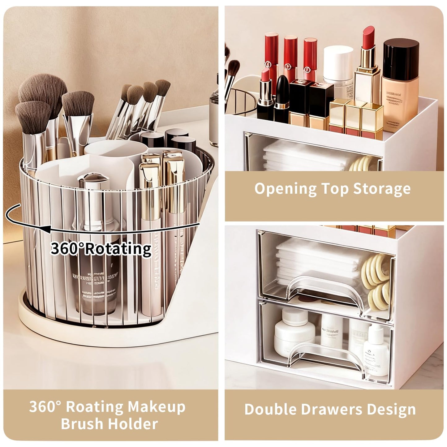 KHNR Makeup Organizer for Vanity, Vanity Organizer with 2 Drawers and Rotating Brush Holder, Bathroom Organizer Countertop, Cosmetic Organizer for,Lipsticks,Nail Polish (White)