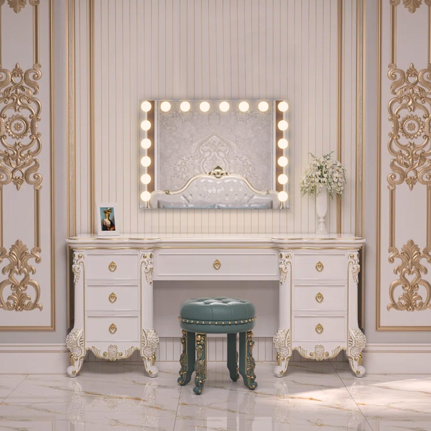 FENCHILIN Vanity Mirror with Lights, Hollywood Lighted Makeup Mirror with 18 Dimmable LED Bulbs for Dressing Room & Bedroom, Slim Metal Frame Design, White