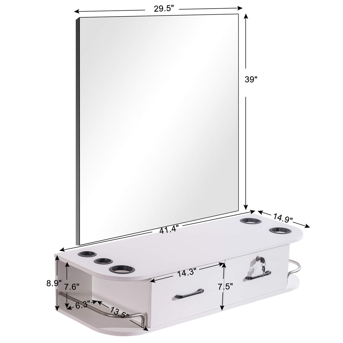 BarberPub Locking Wall Mount Styling Barber Station with Mirror Beauty Spa Salon Furniture,6154-5012-mirror (White)