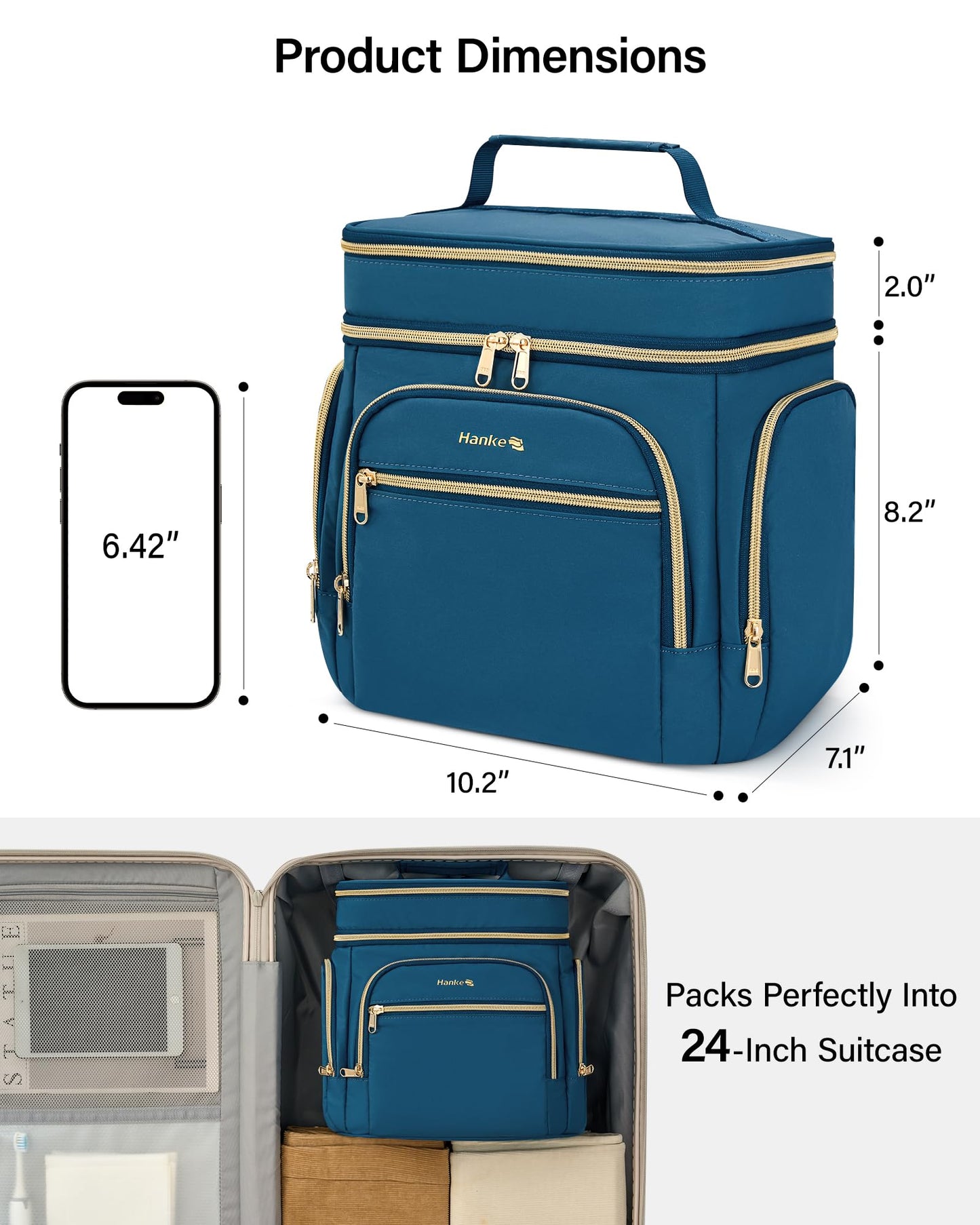 Hanke Large Toiletry Bag for Women Travel, Double Layer Organizer with Wide Opening for Full-Size Cosmetics & Toiletries, 12.2L Water-Resistant Makeup Bag,Navy Blue