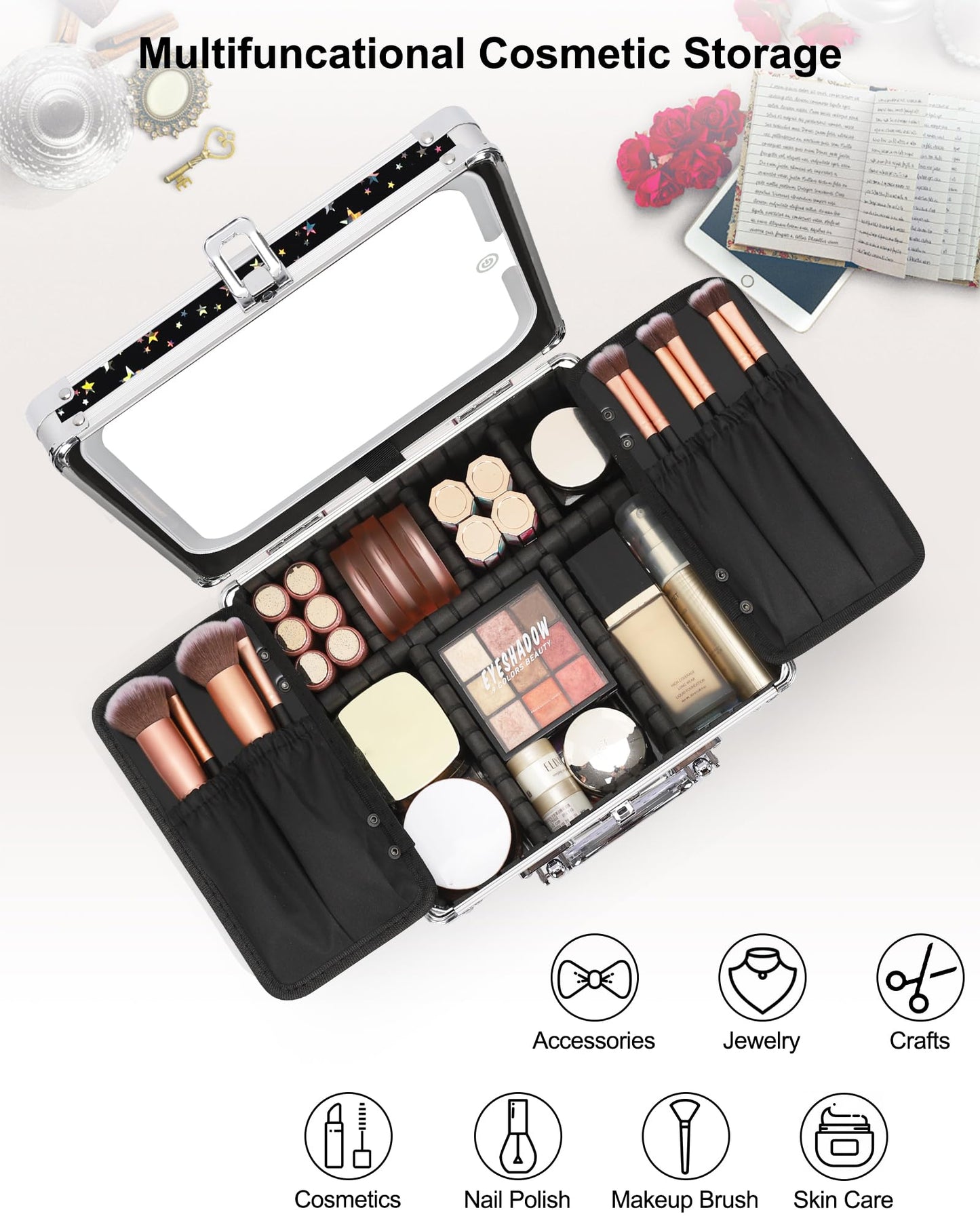 Relavel Makeup Bag with LED Mirror, Makeup Box Travel Train Case with Rechargeable Lighted Mirror, Cosmetic Brush Organizer Storage for Makeup Artists Gifts for Women and Girls (Black Star, Small)