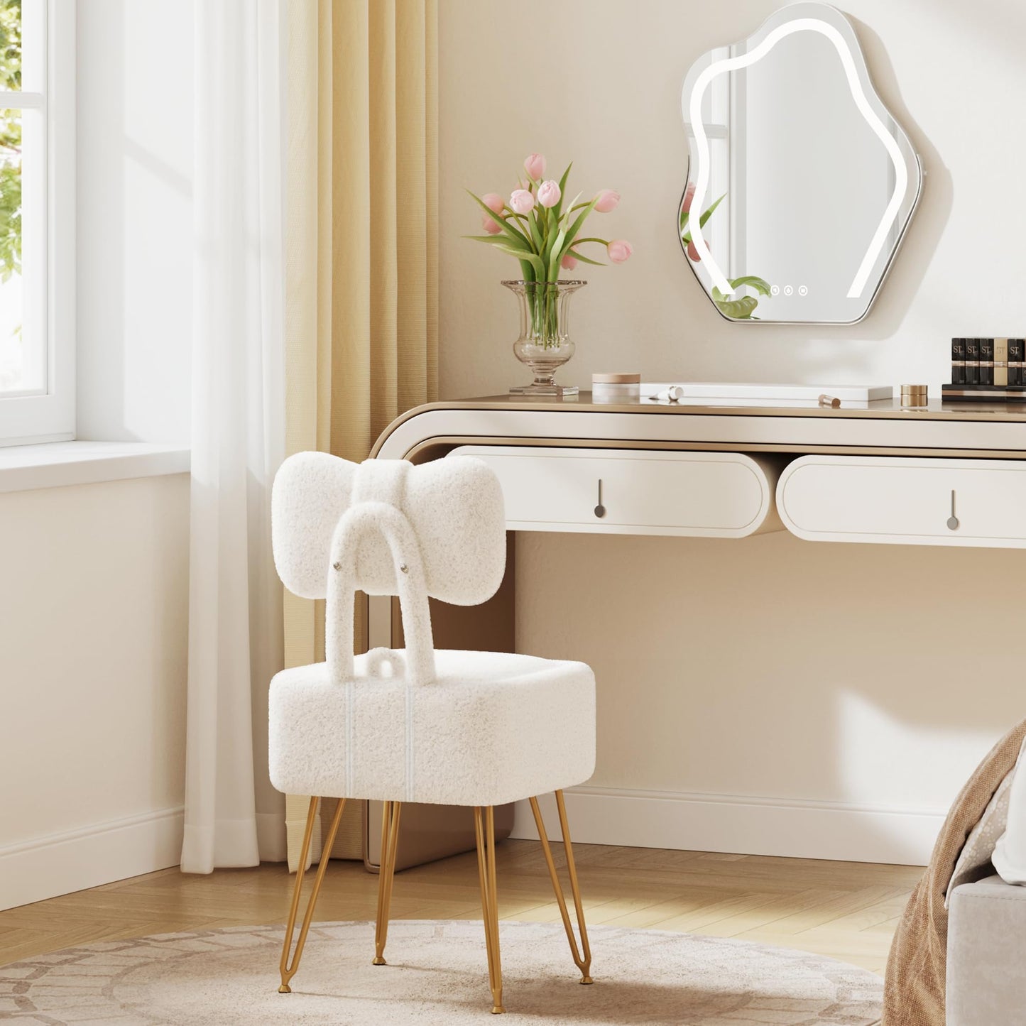 SENGALOTI Small Vanity Stool Chair with Storage and Foldable Back, White