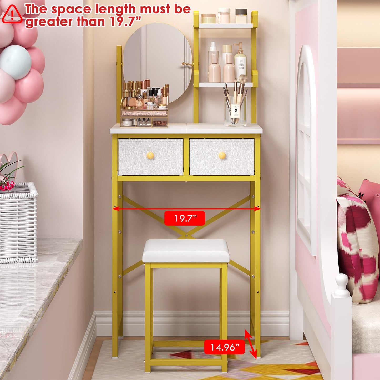 X-cosrack 19.7"W Golden Small Vanity Desk Set with Adjustable Oval Mirror & Stool for Small Space, Mini Cute Cheap Makeup Vanity Table with Opening Shelves, Drawers for Teens Kids Girls Corner Bedroom