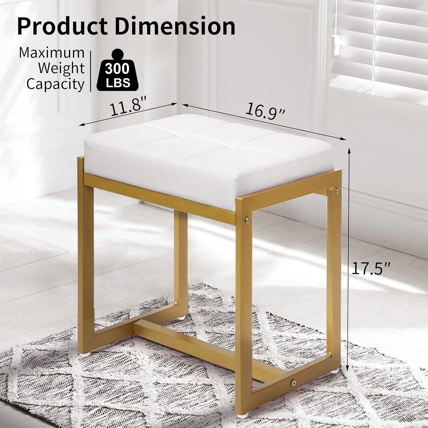 FLYZC Vanity Stool, Vanity Chair Stools for Makeup Room, Faux Leather Small Makeup Bench, Modern Gold Metal Legs Ottoman Foot Rest for Bedroom Living Room, White & Gold