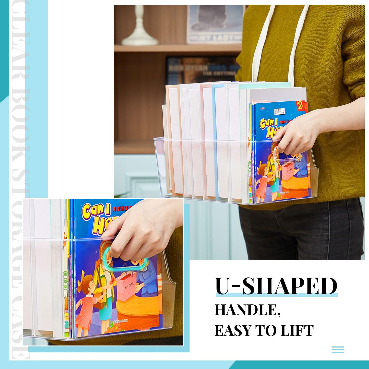 Menkxi 8 Pcs Clear Large Storage Book Display Case 13 x 8.5 x 5.9 Inch Book Organizer Stackable Bookcase Display Storage Containers with Handle Office Bookshelf Organizer Rack for CDs Magazine