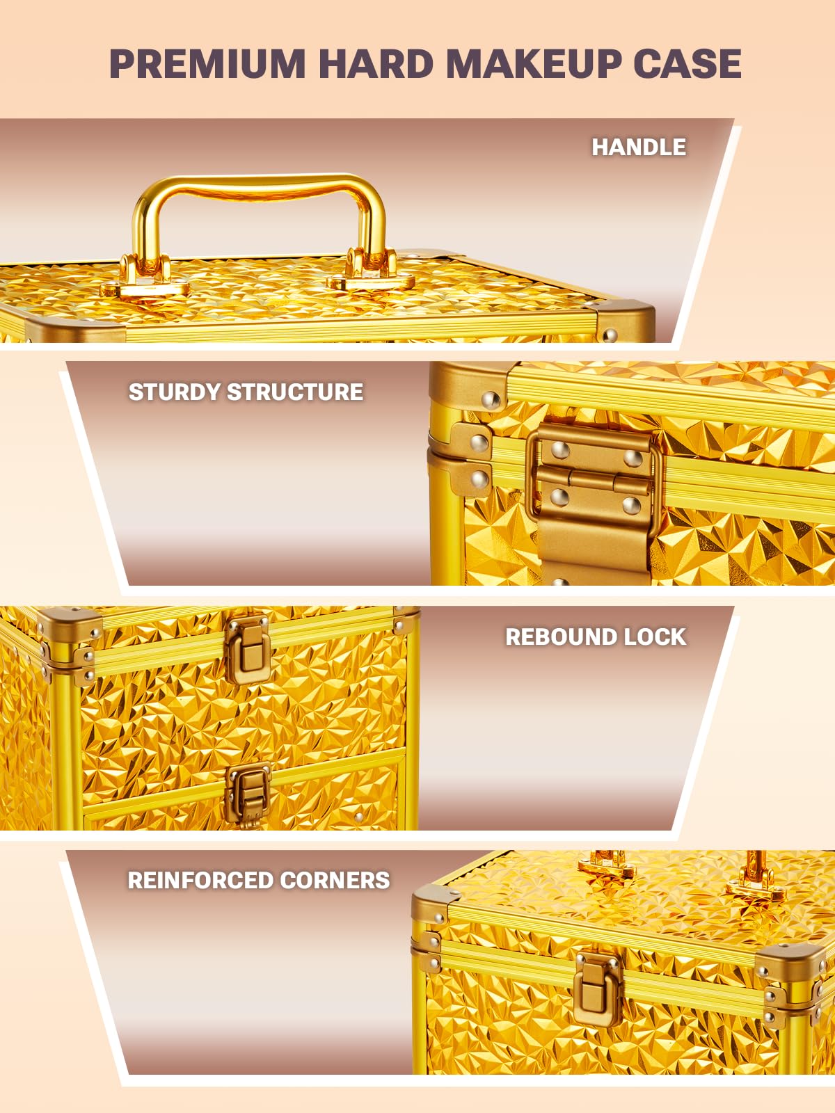 Qislee Makeup Box with Drawer and A Detachable Lighted Mirror, Waterproof Travel Train Case, Cosmetic Organizer and Makeup Suitcase with Adjustable Dividers, Magnetic LED Mirror (Luxury Gold)