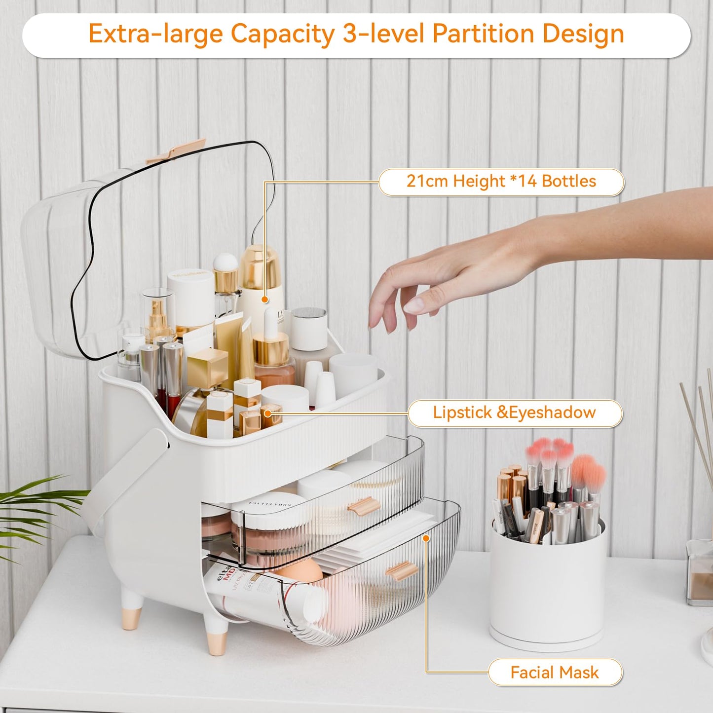 Yieach Countertop Makeup Organizer With Lid,Large Skincare Organizers With 2 Drawers,Dustproof Cosmetic Display Cases for Bathroom,Dresser,Lotion,Beauty,Skin Care Holder,Makeup Storage Organizer,White