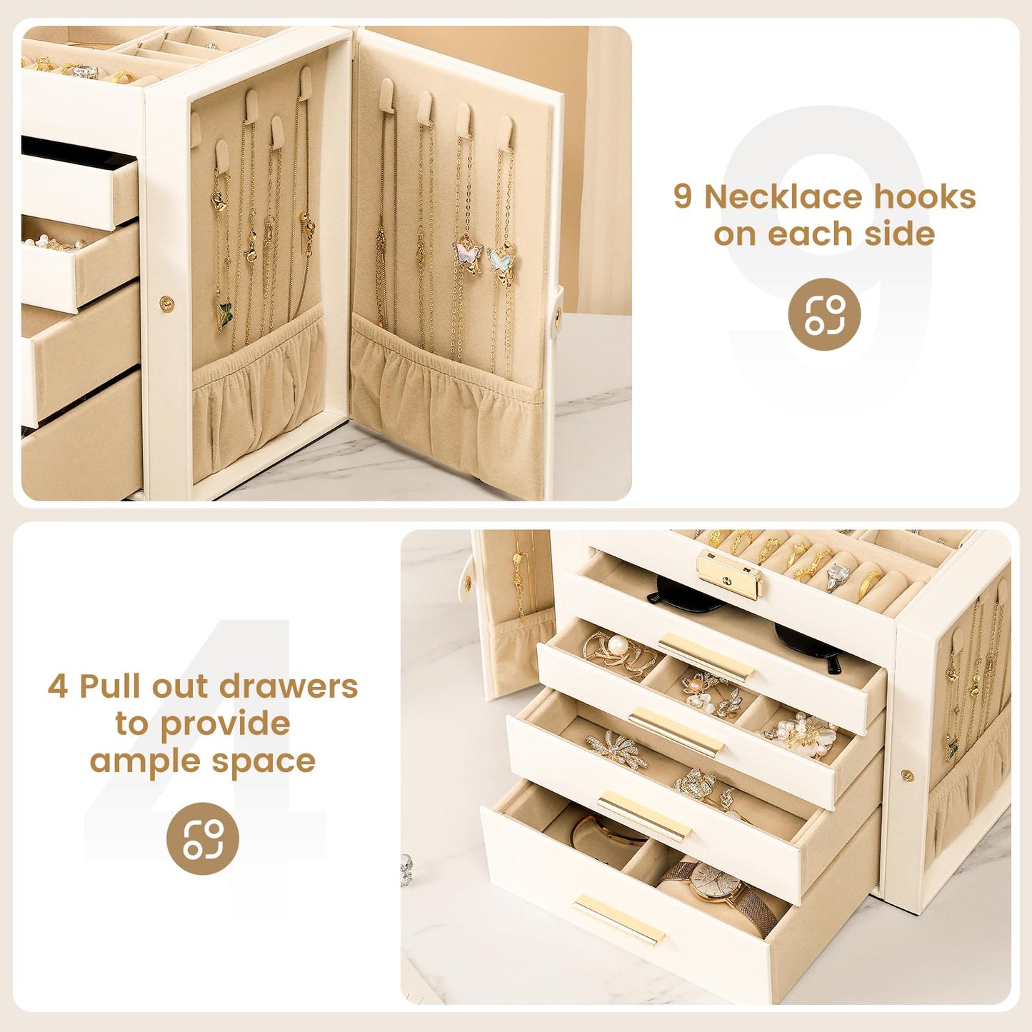 RoseGem Synthetic Leather Huge Jewelry Box Mirrored Watch Organizer Necklace Ring Earring Storage Lockable Gift Case (White)