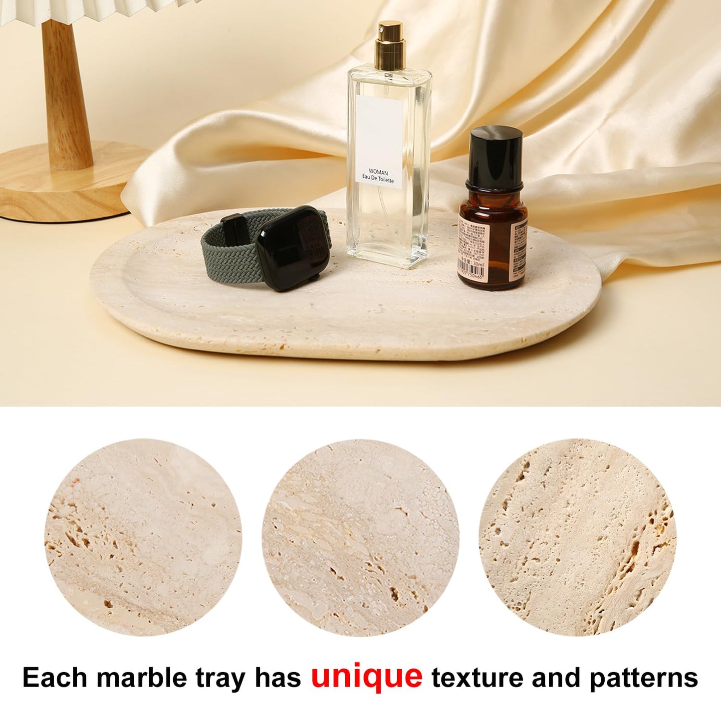 WANJINGYULE Natural Marble Decorative Tray Bathroom Counter Perfume Organizer Vanity Tray for Home Decor, Jewelry Candle, Coffee Table, Soap Holder Dresser Countertop Accessories 8"x11" Travertine