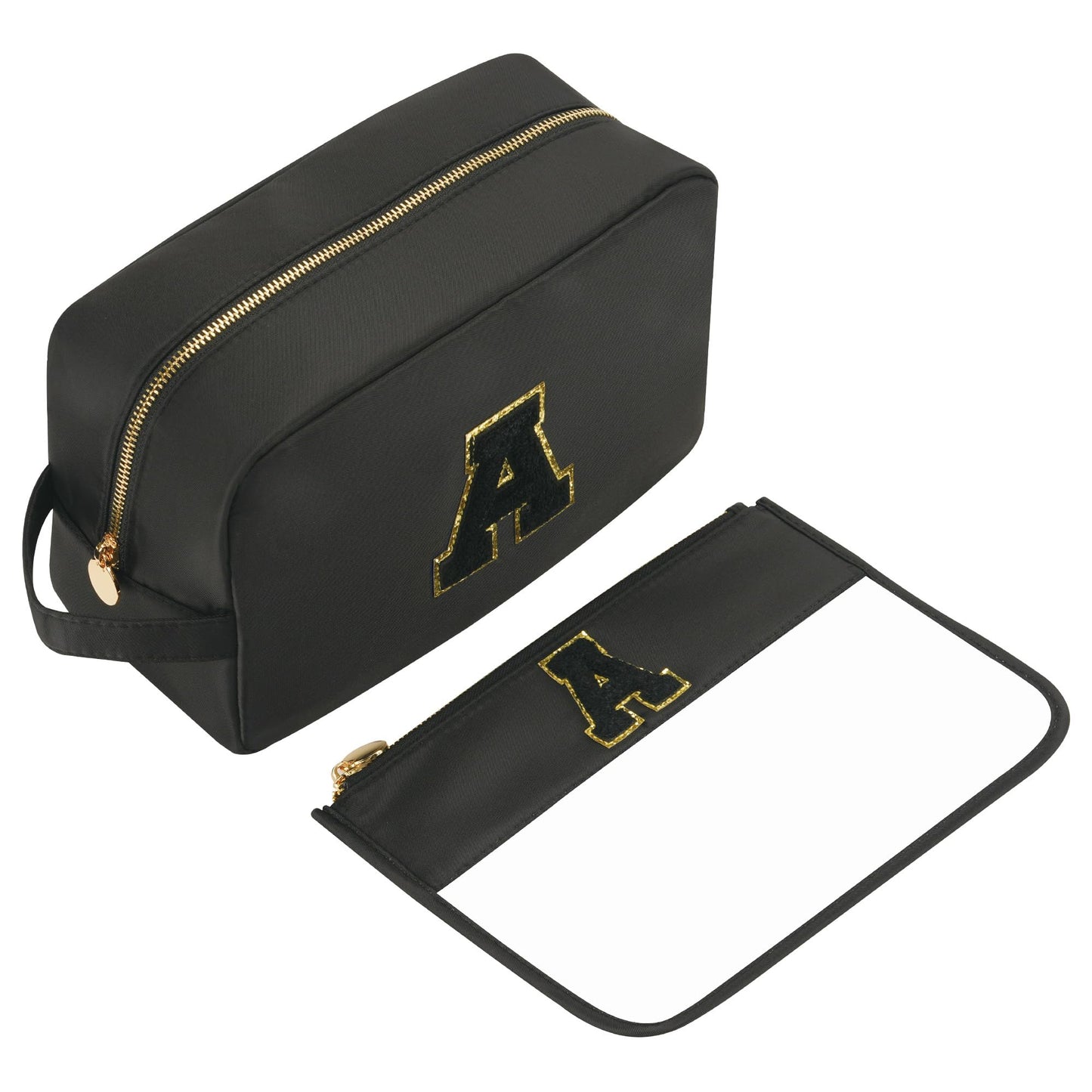 YogoRun 2pcs Toiletry Bags for Travelling Women Nylon Travel Makeup Organizers Clear Glitter Chenille Letter Skincare Cosmetic Brush Bag (Black-L)