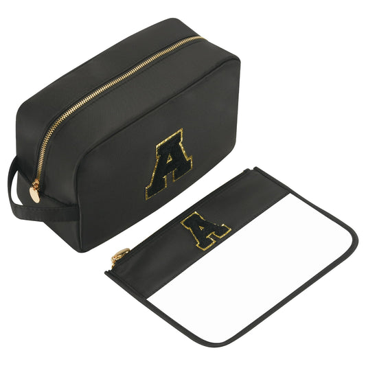 YogoRun 2pcs Toiletry Bags for Travelling Women Nylon Travel Makeup Organizers Clear Glitter Chenille Letter Skincare Cosmetic Brush Bag (Black-L)