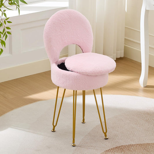 RUCUKEN Faux Fur Pink Small Vanity Chair & Stool - 13" Dx13 W Folding Back Storage Ottoman, Anti-Slip Golden V-Leg for Bedroom Makeup Room