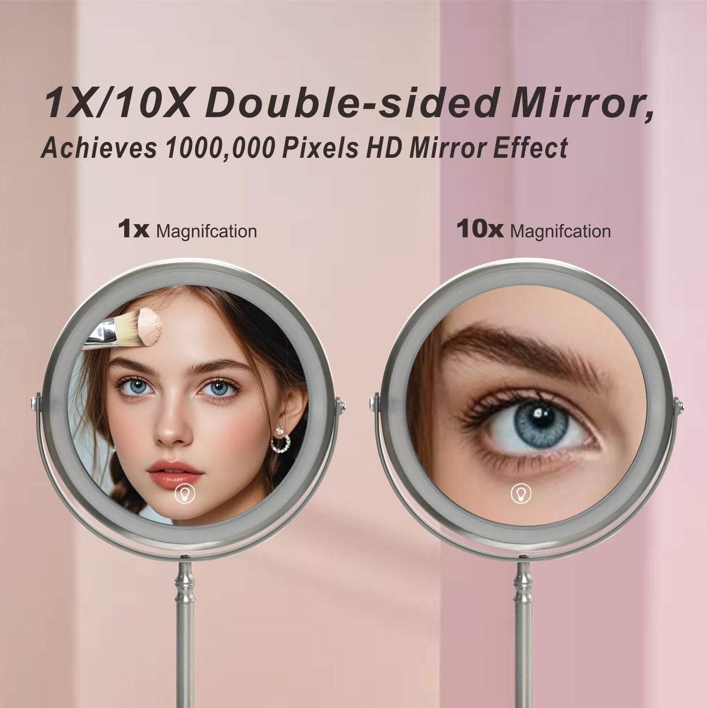 Makeup Mirror with Lights ，8 Inch 1X/10X Rechargeable Double Sided Magnifying, 360° Rotation LED HD Mirror with 3 Colors，Brightness Adjustable, Ideal for Daily Skincare and Professional Makeup