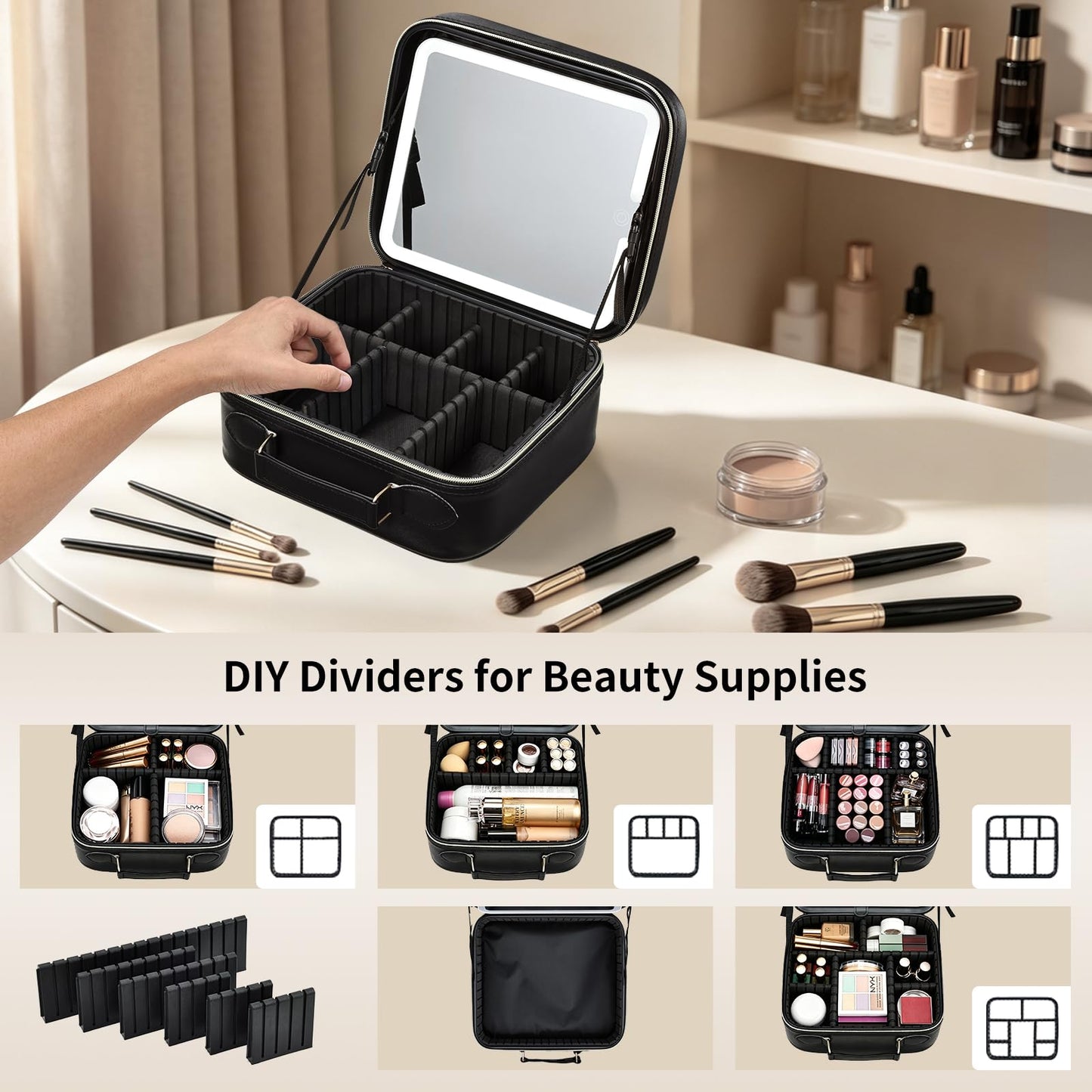 Faquenc Makeup Bag with LED Lighted Mirror 10.2-in Travel Makeup Bag Train Case Adjustable Brightness in 3 Colors Cosmetic Organizer Case Artist Storage Bag with Dividers Brush Holder Bag Vanity Black