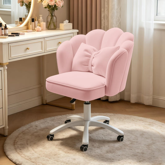 XUEGW Petal Desk Chair with Bow Cushion Velvet Vanity Chair with Wheels, Upholstered Home Office Chair for Girls Women, Mid-Back Swivel Computer Task Chairs for Living Room Bedroom