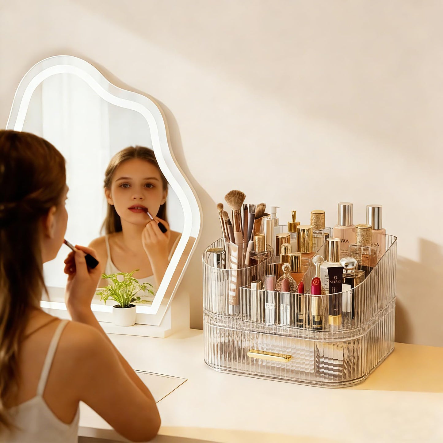 Makeup Organizer with 360° Rotating Brush Holder and Stackable Drawers, Cosmetic Display Case for Vanity, Bathroom Countertop (Clear, 2 Layer)