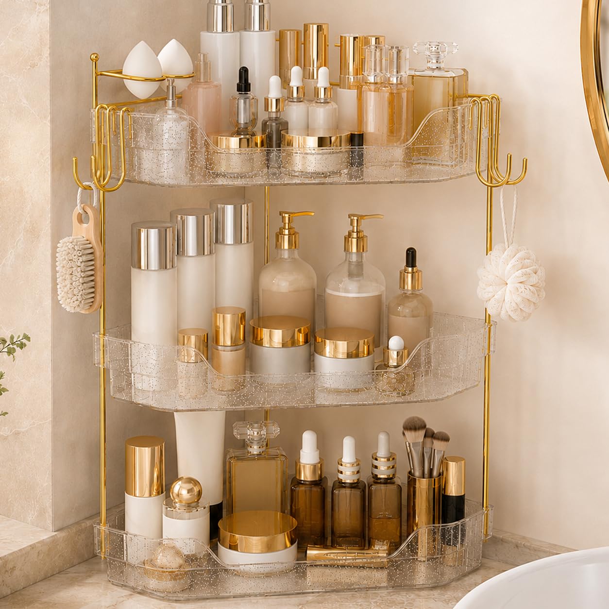 DSLWFQY Corner Bathroom Counter Organizer, 3-Tier Makeup Organizer with Brush Holder, Clear Silver Vanity Storage for Skincare, Cosmetics, Perfume & Dresser Countertop