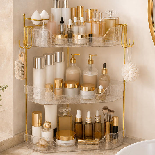 DSLWFQY Corner Bathroom Counter Organizer, 3-Tier Makeup Organizer with Brush Holder, Clear Silver Vanity Storage for Skincare, Cosmetics, Perfume & Dresser Countertop