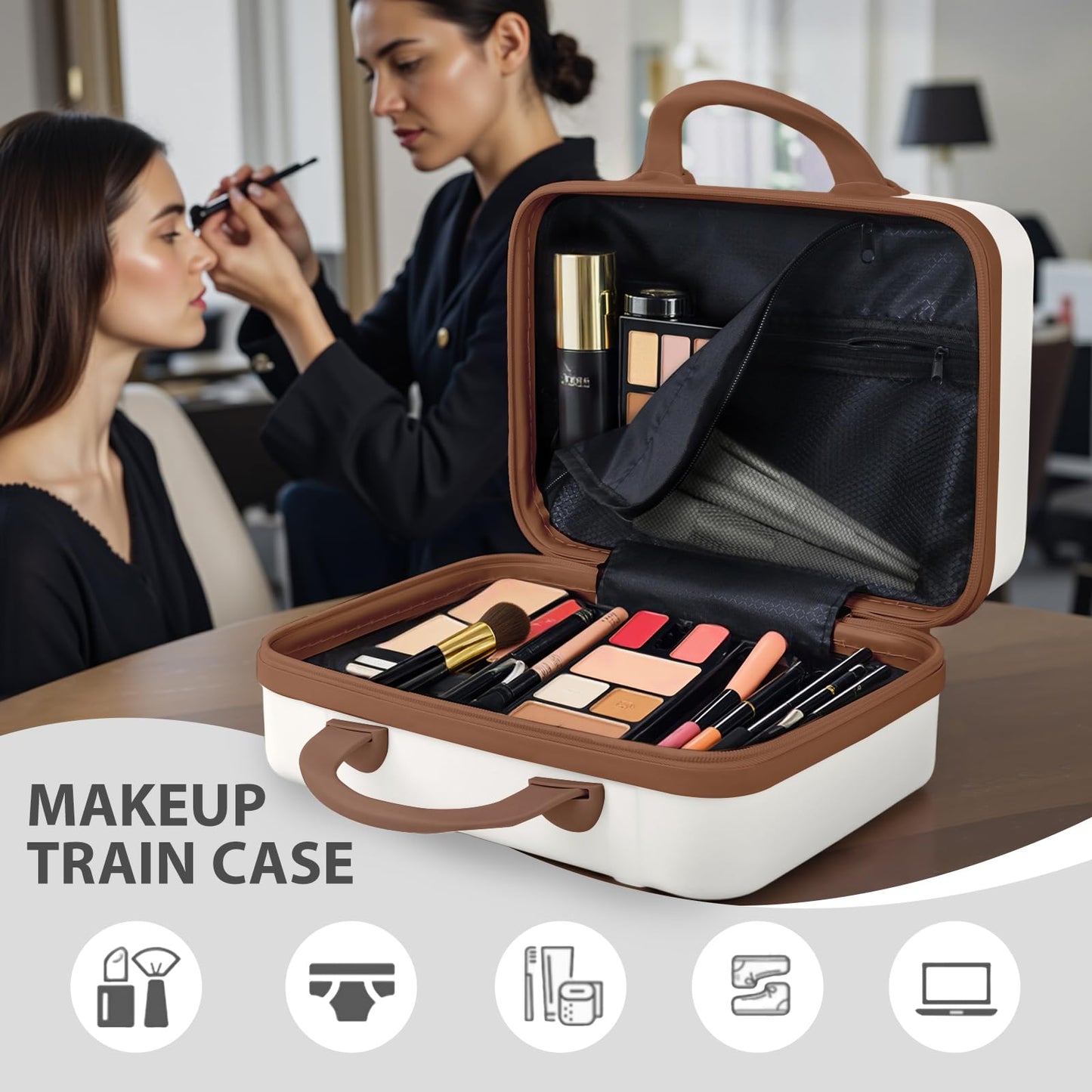 JZRSuitcase 14 Inch Makeup Train Case ABS Toiletry Bag for Women Portable Travel Hard Shell Carry-On Mini Cosmetic Organizer with Elastic Bands