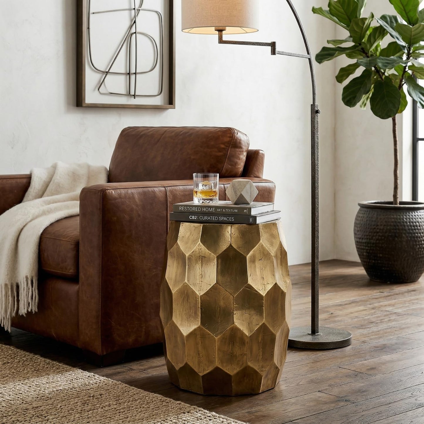 Hives & Honey Anna Side Table, Geometric Mango Wood Accent Table, Modern Rhombus Design, Antiqued Foil Finish, Multi-Use as End Table, Vanity Stool or Decorative Pedestal, Gold