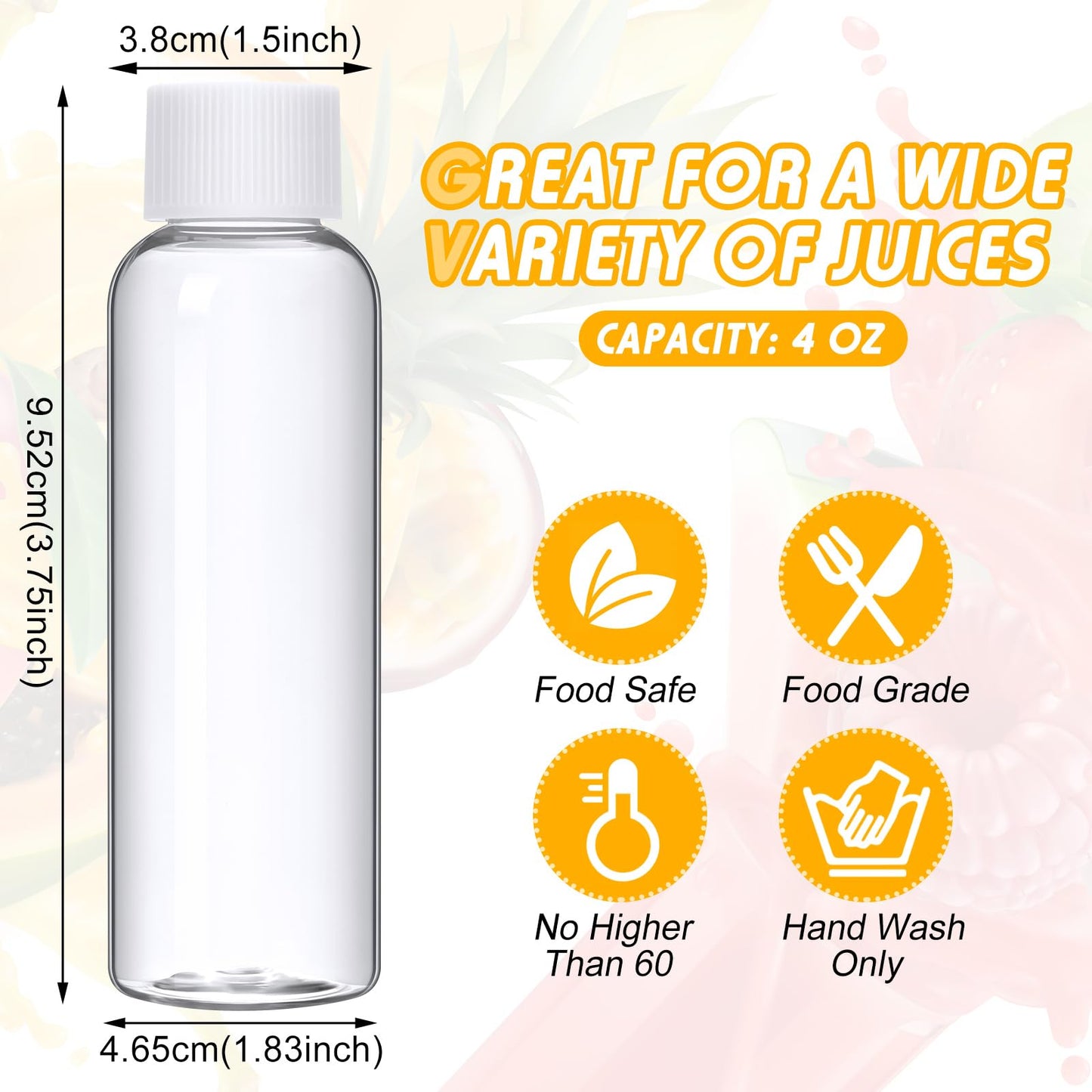 Eccliy 100 Pcs 2oz Clear Plastic Bottles Mini Bottle with Screw Lid Small Empty Reusable Liquid Vial Freezer Safe Container Leak Proof for Juice Milk Water Wedding Party