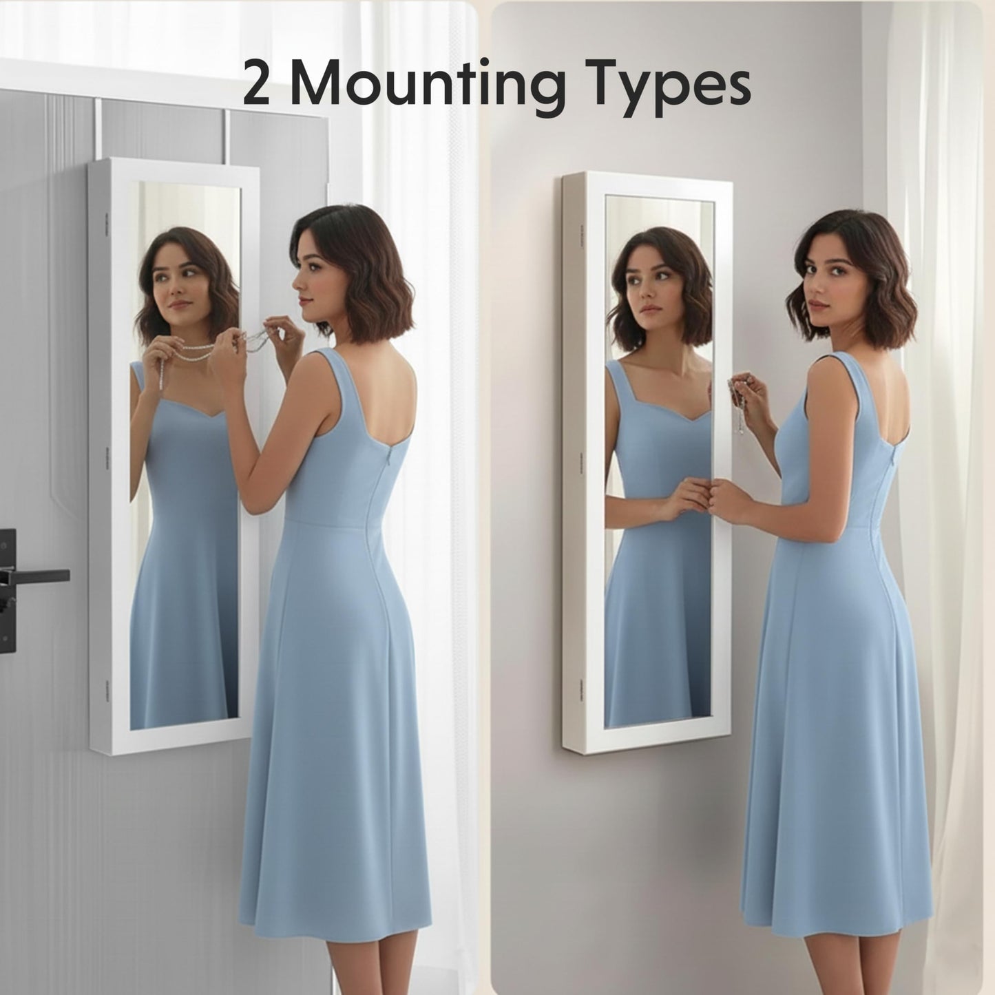 HealSmart 6 LEDs Mirror Jewelry Cabinet, Wall or Door Mounted Full Length Mirror with Storage, 47.2-Inch Tall, Lockable Jewelry Mirror Organizer, Ideal Gift