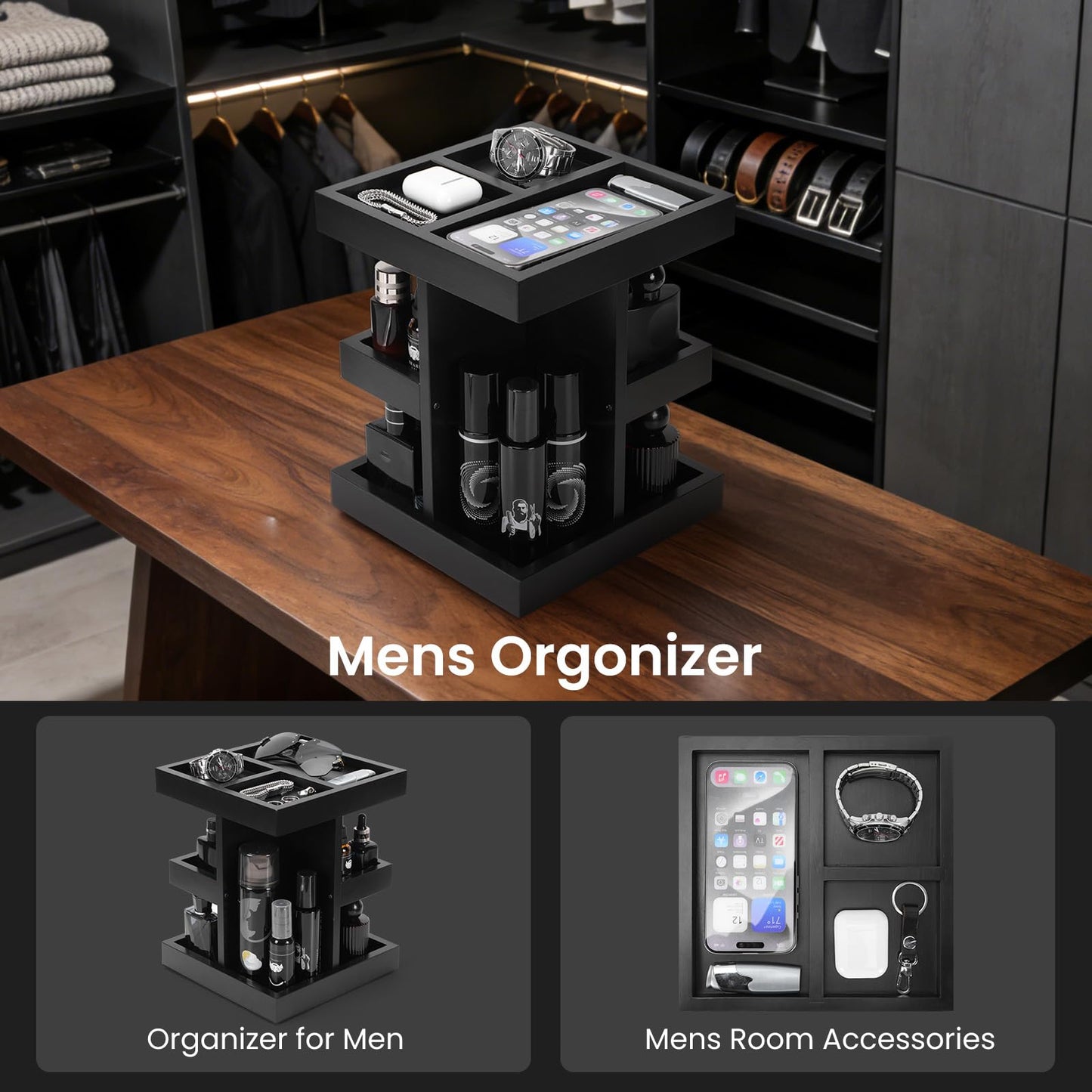 TRQWRO Gift for Men,Mens Organizer,Cologne Stand with Rotate,Mens Accessory Organizers or Valet Tray,Birthday Gift for Dad,Husband,Boyfriend,Anniversary Idea for Him,Watch,Perfume Holder