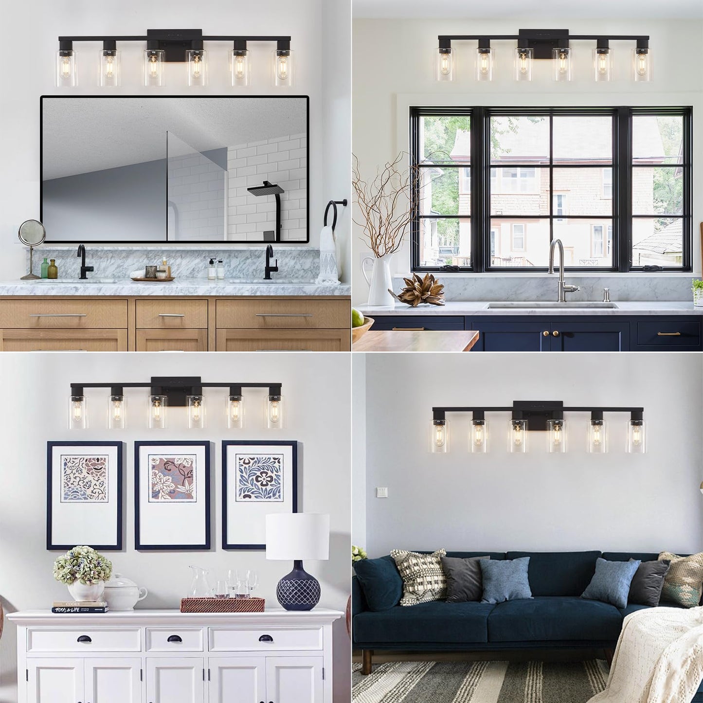 Black Bathroom Light Fixtures, 6-Light Bathroom Lighting Fixtures Over Mirror with Clear Glass Shade, Matte Black Vanity Lights, 6 Light Count Large Vanity Light Fixture for Bath, Mirror,Wall Sconce