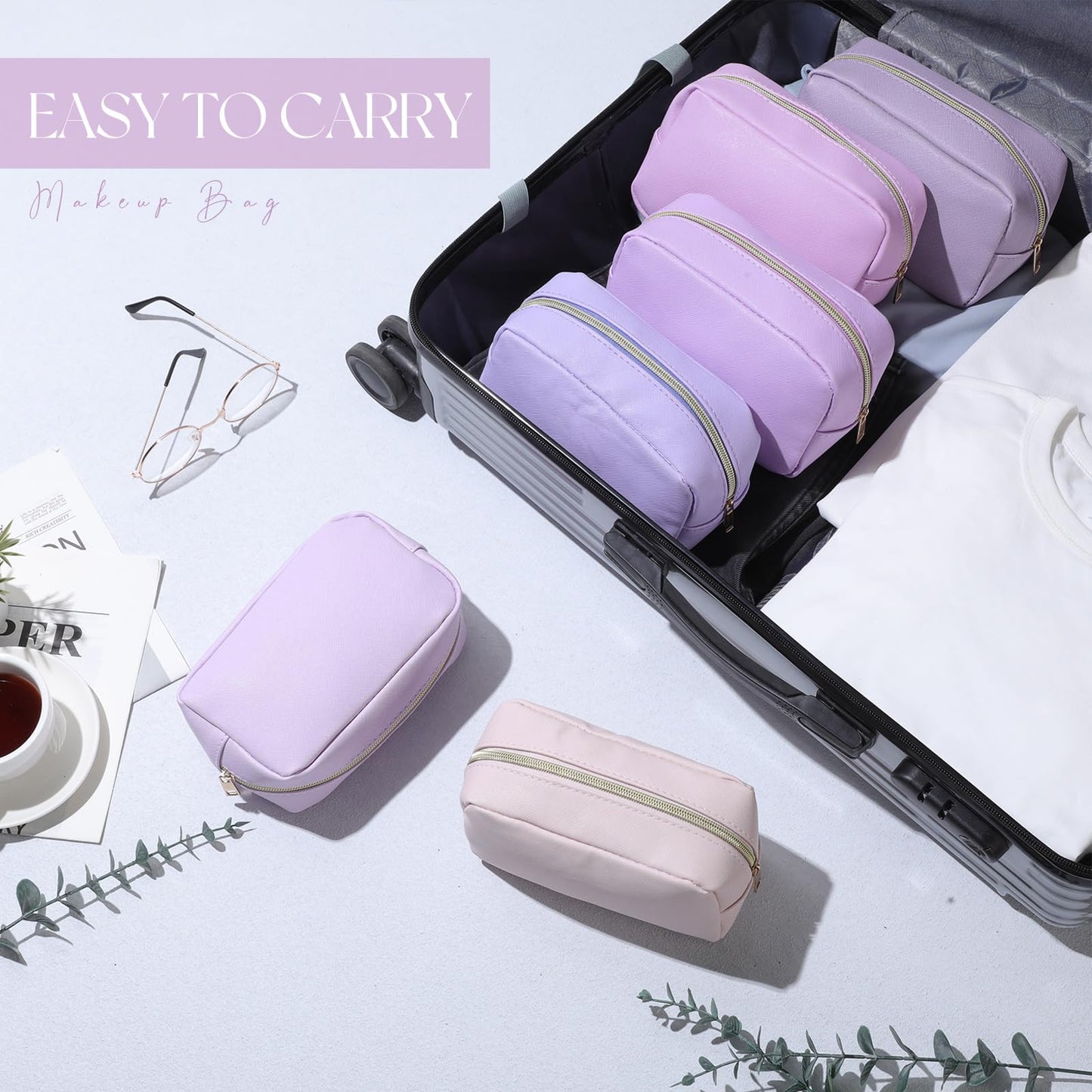 Sweetude 10 Pcs Makeup Bag Bulk for Women Preppy Gift PU Leather Cosmetic Bag Small Skincare Toiletry Pouch Wedding Travel Cosmetic Pouch for Bridesmaid Bride Mother Gift Favors (Purple)
