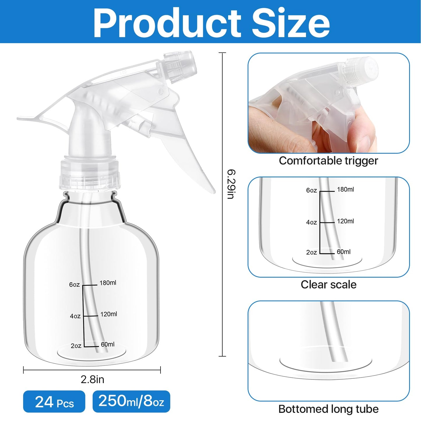 Worldity 24 Pcs Empty Plastic Spray Bottles 8 oz, Clear Mini Spray Bottles with Measurement Adjustable Nozzle, Refillable Spray Bottle for Hair Plant Kitchen Bath