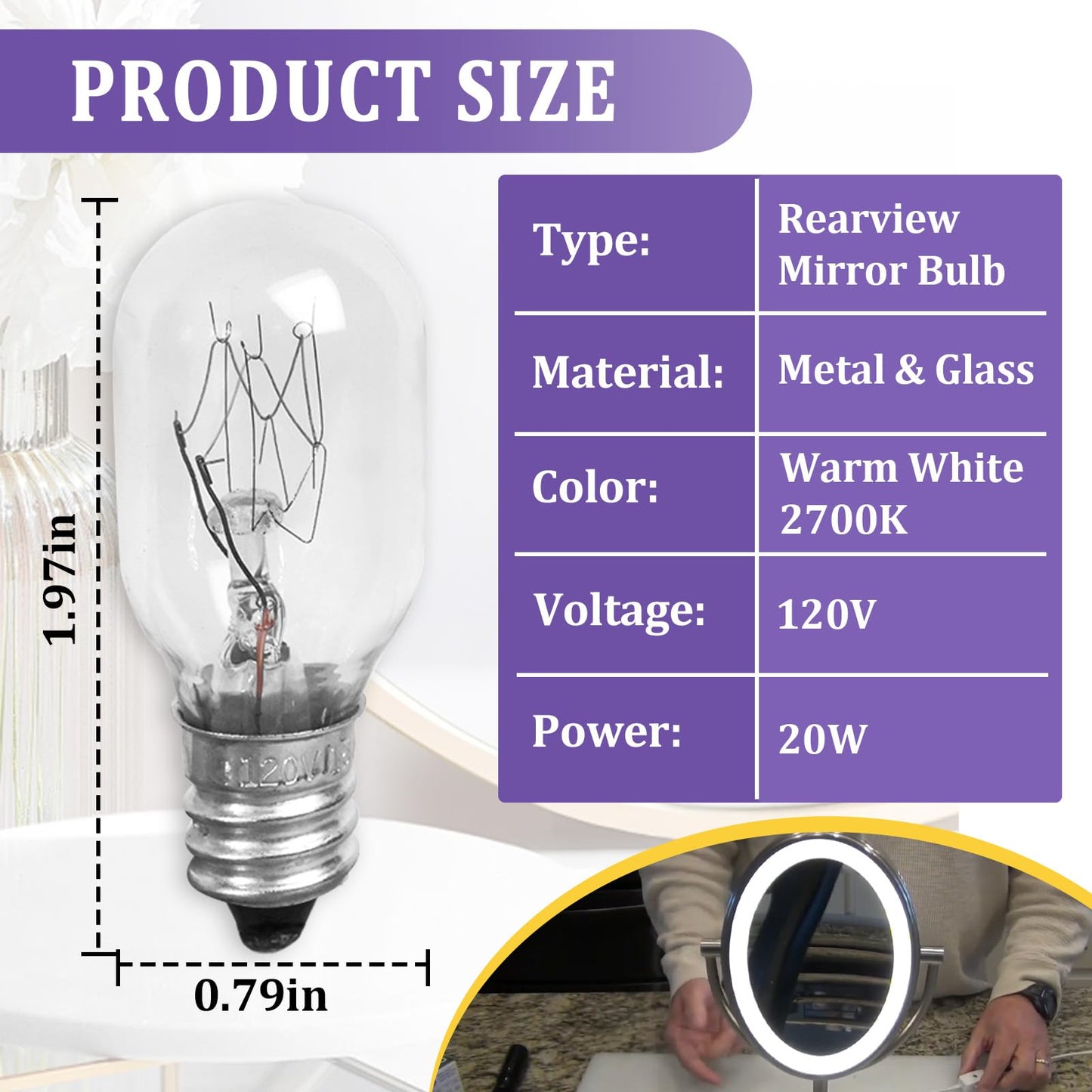 Kamrexi 6PCS 20W 120V Clear Incandescent Bulb Replacement Compatible with Conair RP34B Makeup Mirror Bulbs, 2700K White Light, E12 Candle Base