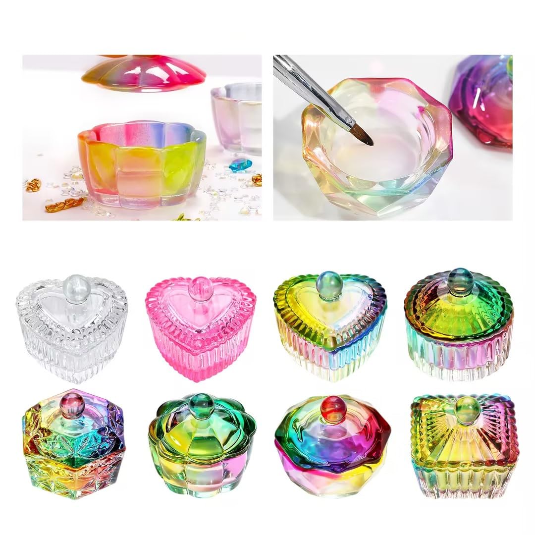 Pxiryanlow A Set of Multicolour Hexagonal Prism Crystal Glass Dish with Lid,Hexagonal Prism Crystal Cup Acrylic Liquids Powder Glass Dish With Lid Crystal Bowl For Salon and Home,Nail Art and Polish