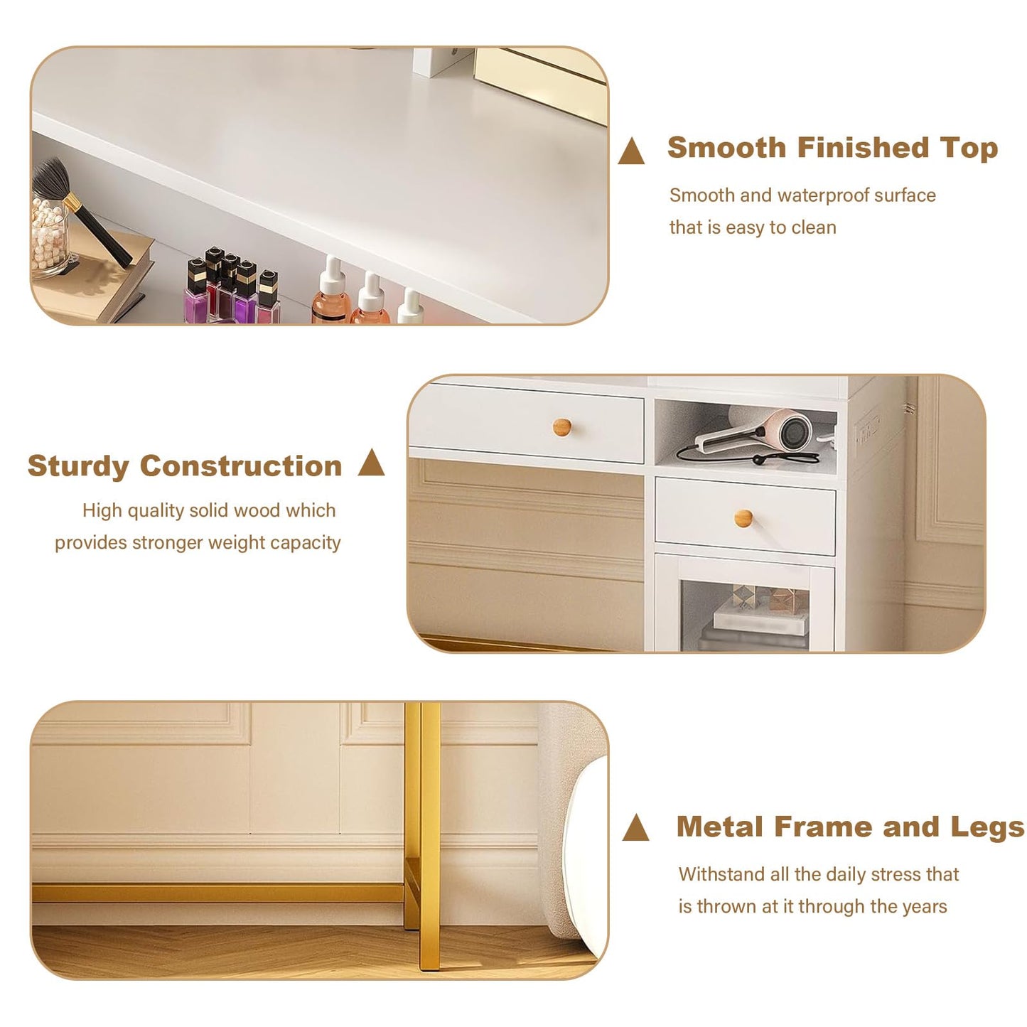 Garvee Vanity Desk with Lighted Mirror Adjustable Brightness & Power Outlet, Makeup Vanity Table with 2 Drawers and Shelves, White and Gold Vanity, Dressing Table for Women & Girls