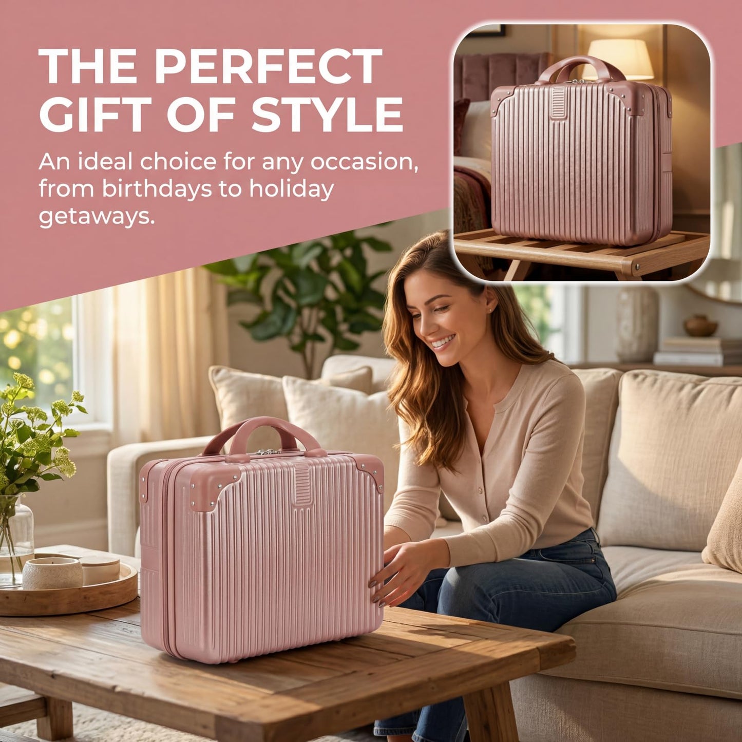 Acshio Hard Shell Cosmetic Travel Case, 17 Inch Mini Travel Hand Luggage with Elastic Band, Portable ABS Carrying Makeup Case Suitcase Train Cosmetic Bag for Travel, Camping, Business Trip