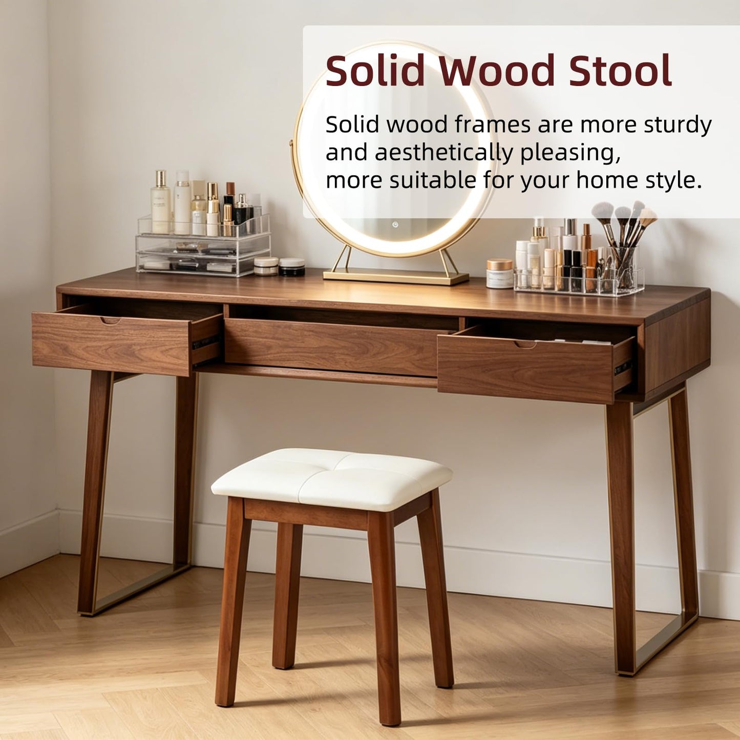 YETEYOW Solid Wood Vanity Stool with Cushion, 11" D x 15" W x 18" H - Small Wooden Ottoman Bench Chair Padded Seat for Bedroom/Living Room/Office/Makeup Vanity/Closet/Desk - Beige White