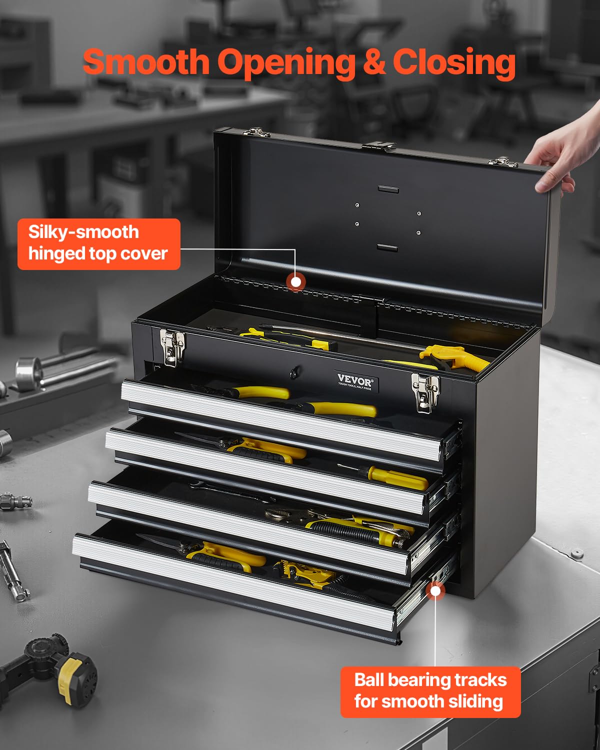 VEVOR Metal Tool Box, 20.5-inch, Portable Metal Tool Box with 4 Drawers, Small Tool Chest with EVA Liners, Ball Bearing Slide Drawers Locking & Powder Coated Finish, Multi-Function Tool Organizer