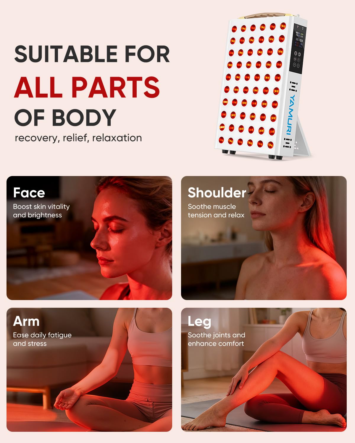 YAMURI Red Light Therapy for Body, 660nm 850nm Red Light Panel for Face, 110W with 60 Dual Chip LEDs, 135mW/cm² High-Power Home Red Light Therapy Device for Daily Wellness & Relaxation